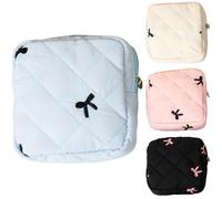 4 Pcs Quilted Period Bag, Polyester Cosmetic Pouch, 4.9 x 4.9 x 2.0 in with Bow Embroidery, Sanitary Napkin Bag for Teens, Travel, Daily Use, Fitness, Black, Light Blue, Pink, Beige