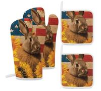 4 Pcs Rabbit and Flag Oven Mitt and Pot Holder Set, Heat Resistant Long Oven Gloves & Hot Pads with Hanging Loop for Cooking Baking BBQ, Ideal Kitchen Gift for Cooks Bakers