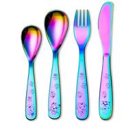 4 Pcs Rainbow Cutlery Set for Kids - Stainless Steel Knives and Forks Set Spoon Set with Colours Titanium Plated, Childrens Cutlery Set Personalised Flatware Set for Camping Travel Home