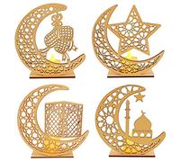 4 Pcs Ramadan Decorations Lights Wooden Moon Star Eid Mubarak Lights Eid LED Night Light Ramadan Lights Candles Light Tea Light Candles Muslim Islamic Table Decor Eid Ornaments for Festival Home Party