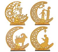 4 Pcs Ramadan Decorations Lights Wooden Moon Star Eid Mubarak Lights Eid LED Night Light Ramadan Lights Candles Light Tea Light Candles Muslim Islamic Table Decor Eid Ornaments for Festival Home Party