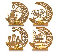 4 Pcs Ramadan Decorations Lights Wooden Moon Star Eid Mubarak Lights Eid LED Night Light Ramadan Lights Candles Light Tea Light Candles Muslim Islamic Table Decor Eid Ornaments for Festival Home Party