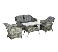 4 PCS Rattan Garden Furniture, Padded Conversation Sofa Set w/ Glass Top Table