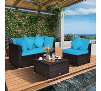4 PCS Rattan Patio Conversation Set Outdoor Furniture Sofa Set w/ Coffee Table COSTWAY Brown One Size