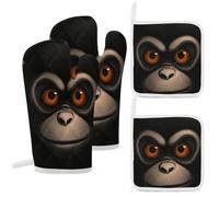 4 Pcs Red Eyed Monkey Oven Mitt and Pot Holder Set, Heat Resistant Long Oven Gloves & Hot Pads with Hanging Loop for Cooking Baking BBQ, Ideal Kitchen Gift for Cooks Bakers