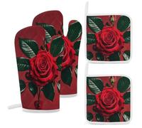 4 Pcs Red Mirror Rose Oven Mitt and Pot Holder Set, Heat Resistant Long Oven Gloves & Hot Pads with Hanging Loop for Cooking Baking BBQ, Ideal Kitchen Gift for Cooks Bakers
