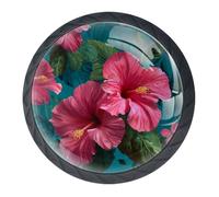 4 Pcs Red Morning Glory Cupboard Knobs and Handles - 35mm Round Black Pull Handle for Wardrobe Furniture Hardware - Two Sizes of Screws Included