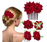 4 Pcs Red Rose Flower Hair Clips Accessories Bridal Hairstyles Combs Pins Brooch Mexican Bohemia Hairpin Ladies Handmade Party Supplies for Women Flamenco Dancer Christmas Wedding Birthday
