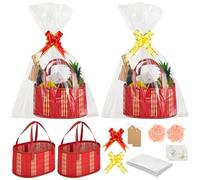 4 Pcs Red Woven Wood Gift Basket Set with Wrap Bags, Pull Bows, Greeting Cards, 11.8 in Empty Hamper Basket with Handles, Multi-Purpose Hamper Baskets for Gifts, Birthday, Housewarming