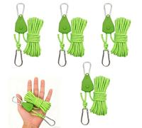 4 Pcs Reflective Tent Guy Ropes, 4mm & 4M Reflective Cord Tent Guy Ropes with Pulley, Adjustable Outdoor Tent Guide Rope Ratchet Hangers for Camping, Hiking, Awning, Grow Lights(Green)
