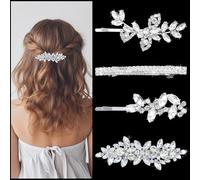 4 PCS Rhinestone Hair Clips Set, Silver Bride Wedding Hair Accessories Leaf and Flower Wedding Hair Pins, Crystal Bobby Pins, Silver Bridal Hair Accessories for Brides, Bridesmaids, Flower Girls