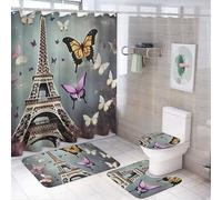 4 Pcs Romantic Paris Butterfly Eiffel Bathroom Set with Bath Mat, Shower Curtain with 12 Hooks, Anti-Slip U Shape and Toilet Lid Cover for Bathroom Decor