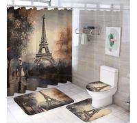 4 Pcs Romantic Paris Eiffel Tower Bathroom Set with Bath Mat, Shower Curtain with 12 Hooks, Anti-Slip U Shape and Toilet Lid Cover for Bathroom Decor