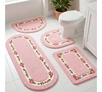 4 Pcs Rose Flowers Coquette Bathroom Rugs Set Coquette Doom Decor Rose Flower Area Rugs Non Slip Absorbent Washable Door Mat Floral Bathroom Rug Toilet Rug for Home Hotel, 4 Shapes(Pink)(Pink)