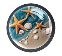 4 Pcs Round Cabinet Knobs, Black Drawer Knobs, Starfish Beach Shells Kitchen Hardware Cupboard Knob, Single Hole Handle with Screws for Home Decorating Cupboard Wardrobe Door