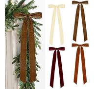 4 Pcs Rustic Large Christmas Velvet Bows Decorations - 23.6 x 8.66 Inch Vintage Ribbon Bow for Xmas Tree Topper Wreath Garland Fireplace Staircase Home Decor (Burgundy+Coffee+Cream White +Brown)