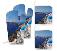 4 Pcs Santorini Greek Sea View Oven Mitt and Pot Holder Set, Heat Resistant Long Oven Gloves & Hot Pads with Hanging Loop for Cooking Baking BBQ, Ideal Kitchen Gift for Cooks Bakers