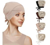 4 Pcs Satin Lined Muslim Inner Hijab Cap for Women Cross Tie Back Hijab Undercap Inner Underscarf Turban Hat, Cross Black Coffee Flesh Pink White, One Size