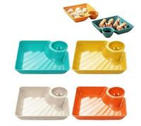 4 Pcs Sauce Compartment Plates, Reusable Serving Dishes with Integrated Dip Holder for Dumplings, Sushi, Appetizers, Charcuterie, Nachos, Fruit, Durable Plastic Snack Trays (Multi-Colored)