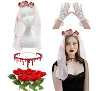 4 Pcs Scary Bride Costume Accessories Set for Women, Gothic Ghost Bride Fancy Dress Kit Includes White veil Gloves Necklace Artificial Red Roses for Halloween Cosplay Horror Themed Party Dress Up