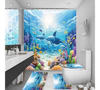 4 PCS Sea Animal Shower Curtain Sets with Waterproof Shower Curtain, Non-Slip Bath Mat, Absorbent Rug, and Toilet Lid Cover, Sea Dolphin Summer Home Bathroom Decor Set Mother's Day, Easy to Maintain