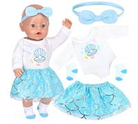 4 Pcs Sea Dolls Clothes Outfits for 14-17 Inch Baby Dolls, 35-43cm Blue Shell Baby Doll Clothes Includes 1 Jumpsuit 1 Poncho 1 Hairband 1 Socks, Sweet Doll Accessories Gift for Girls Boys