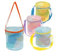 4 Pcs Sea Shell Bags, Seashell Bucket Mesh Bags with Adjustable Shoulder Strap, Foldable Portable Beach Shelling Collecting Storage Bucket, Double Layer Mesh Design, Stand Stably for Beach for Kid