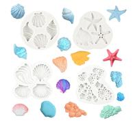 4 Pcs Seashell Conch Starfish Coral Silicone Mold Marine Theme Fondant Silicone Mold Marine Animal Baking Molds for Chocolate Candy Cake Cupcake Cookie Polymer Clay Crafting DIY Cake Decoration