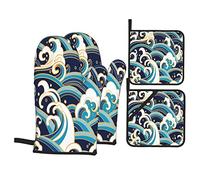 4 Pcs Set Oven Mitts and Pot Holders Sets, Ocean Waves Pattern Oven Gloves Durable Kitchen Glove for Cooking Baking Grill & BBQ