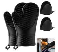4 Pcs Set Silicone Oven Gloves, Heat Resistant Oven Mitts Pair with Honeycomb Texture, Double Oven Gloves for Baking, Camping, Includes 2 Black Silicone Gloves and 2 Heat Resistant Hand Clips