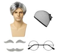 4 Pcs SetOld Man Costume, Old Man Wig with Eyebrows, Beard and Glasses, Step Brothers Costume Accessories for Men, 1920s Party Fancy Dress, Carnival and Theme Parties