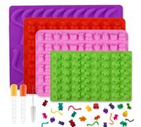 4 Pcs Silicone Gummy Candy Molds Kit,Non-Stick Chocolate Candy Gummy Mould with 2 Droppers Including Dinosaur, Bear, gummy worm and Fruit Shape DIY Baking & Party Favors