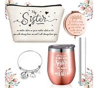4 Pcs Sister Gifts from Sister Set, Including 12 oz Wine Tumbler Cup Sister Quote Cosmetic Bag Rose Gold Compact Makeup Mirror Stainless Steel Sister Bracelets for Women Friend Sister Birthday Gifts