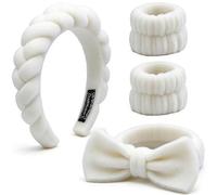 4 PCS Skincare Headband,Skincare Headband Set,Headbands and Wristband Set,Spa Headbands,Fluffy Twisted Sponge for Skin Care,Face Washing,Makeup Removel,Shower,Facial Mask for Women (White)