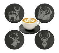 4 Pcs Slate Coasters with Deer Pattern, Round Anti-Slip Coasters Set of 4, Black Rock Cup Mats for Drinks Coffee Juice, Heat Resistant Pads, Housewarming Gift, Stag Gifts for Women, Wife, Deer Lovers