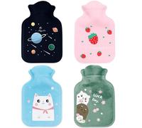 4 PCS Small Hot Water Bottles Set, Mini Hot Water Bottle with Cover for Kids, Hot Water Bottle Small Size for Neck and Body Warmth, Cute Design in Strawberry, Blue Owl, Green Mole, Navy Planet
