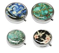 4 Pcs Small Metal Pill Box Set, Portable Pill Case with 3 Compartments for Vitamins Medicines Fish Oil, Cute Roud Dispenser with Mirror for Travel Daily, Moisture Proof Medicine Vitamin Organizer
