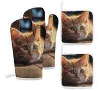 4 Pcs Small Orange Cat Oven Mitt and Pot Holder Set, Heat Resistant Long Oven Gloves & Hot Pads with Hanging Loop for Cooking Baking BBQ, Ideal Kitchen Gift for Cooks Bakers