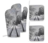 4 Pcs Snowy Train Tracks Oven Mitt and Pot Holder Set, Heat Resistant Long Oven Gloves & Hot Pads with Hanging Loop for Cooking Baking BBQ, Ideal Kitchen Gift for Cooks Bakers