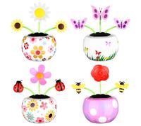 4 Pcs Solar Powered Dancing Toy Solar Dancer Figure SunFlower in Colorful Pots Swinging Insect Flip Flap Animated Bobblehead Dancer Window Sun Catcher Car Dashboard Decor Car Swinging Dancing Toy