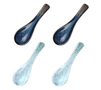 4 Pcs Soup Spoon, Blue Ceramic Asian Soup Spoons - Chinese/Japanese Style Ramen & Pho Spoons for Wonton, Dumplings, Rice, Retro Porcelain Tableware