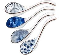 4 PCS Soup Spoons,Ceramic Spoons Set of 4 Soup Spoon, Japanese Style Small Spoon Porcelain Chinese Asian Long Handle Soup Spoons for Ramen Pho Cereal Wonton Dumpling Miso