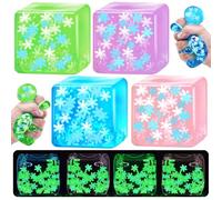 4 Pcs Squeeze Cube with Glow in The Dark Snowflakes Inside，Squishy Fidget Gummy Toys for Kids Aldult， Luminous Sensory Cubes Toys for Kids Autism , Maltose Balls for Anxiety Stress Relief
