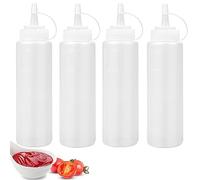 4 Pcs Squeeze Sauce Bottles 8oz Plastic Squeezy Bottle with Nozzles 250ML Reusable Condiment Bottles with Cap Dispensing for Oil, Cooking, Baking, BBQ, Chilli Sauce, Mayonnaise