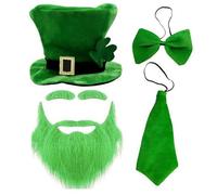 4 Pcs St. Patrick's Day Leprechaun Costume Suit Set Hat Fake Beard Bow Tie Clover Glasses Shamrock