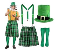 4 Pcs St. Patrick's Day Plaid Kilt Costume Set, Irish Green Plaid Kilt Suspenders Kit Includes Bucket Hat Socks Beads, Green for St. Patrick Day Party Decor Outfit Accessories