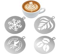 4 Pcs Stainless Steel Coffee Stencils Set, Reusable Latte Art Templates with Snowflake, Leaf, Bird & Coffee Bean Patterns for Cappuccino, Cake Decorating, Ideal for Home Baristas and Coffee Shops