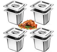 4 Pcs Stainless Steel Gastronorm Pan 1/6 with Lid, Stainless Steel Food Containers Pot Pan with Lids, 17,5 x 16 x 15 cm