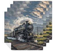 4 PCS Steam Locomotive Train Cloth Napkins 18.7"x18.7"- Single-Sided Print, Soft & Reusable Napkins for Elegant Dining, Wedding, Party, Restaurant Decor