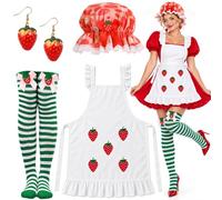 4 Pcs Strawberry Costume Accessories for Women, Strawberry Hat for Adults | Strawberry Halloween Costume with Strawberry Hat, Strawberrys Earrings, Apron, Knee Socks with Bowknot for Halloween Cosplay